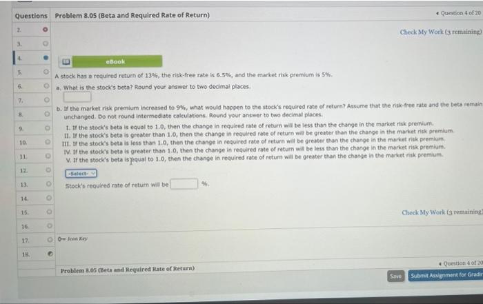 Questions Problem 8 05 Beta And Required Rate Of Return 2 3 5 6 7 8 9 10 11 12 13 14 15 16 17 18 O O E 1