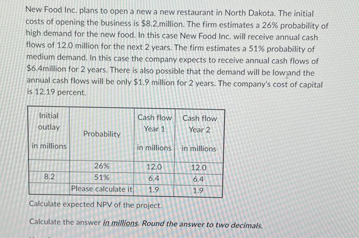 New Food Inc Plans To Open A New A New Restaurant In North Dakota The Initial Costs Of Opening The Business Is 8 2 Mi 1