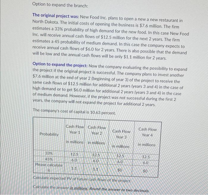 Option To Expand The Branch The Original Project Was New Food Inc Plans To Open A New A New Restaurant In North Dakot 1
