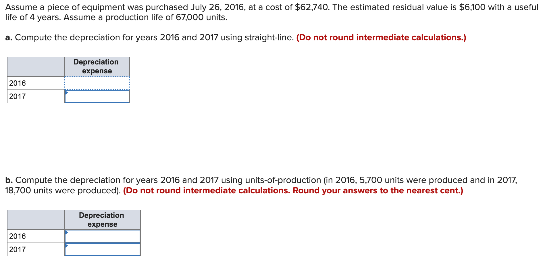 Assume A Piece Of Equipment Was Purchased July 26 2016 At A Cost Of 62 740 The Estimated Residual Value Is 6 100 Wi 1