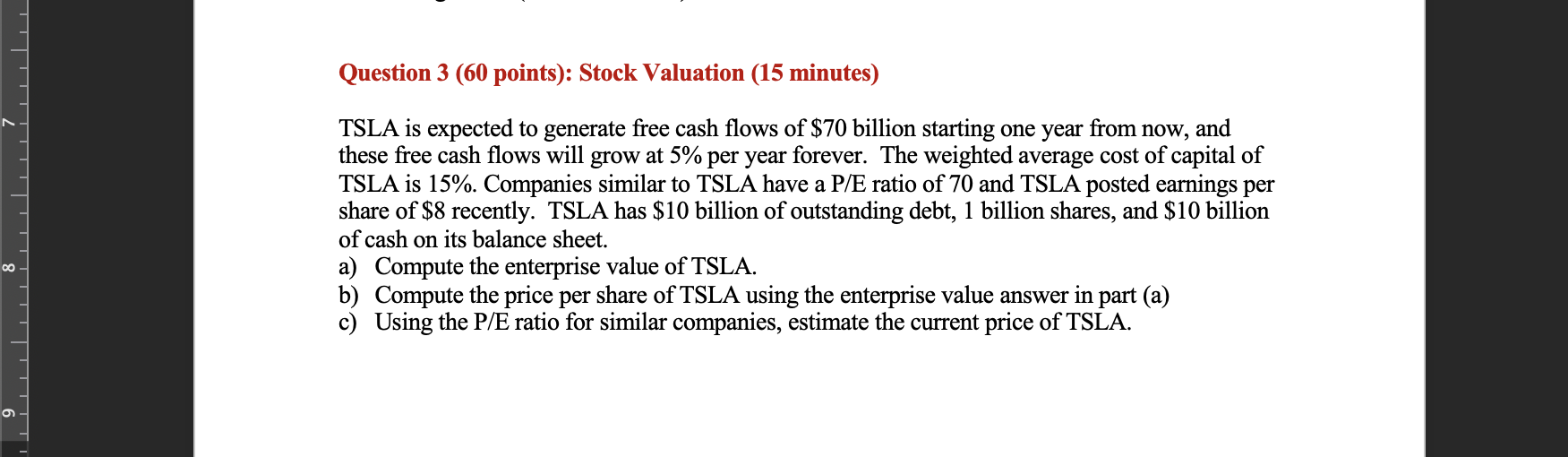 Question 3 60 Points Stock Valuation 15 Minutes Tsla Is Expected To Generate Free Cash Flows Of 70 Billion Start 1