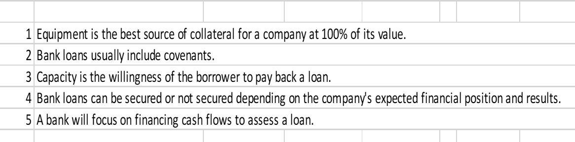 1 Equipment Is The Best Source Of Collateral For A Company At 100 Of Its Value 2 Bank Loans Usually Include Covenants 1