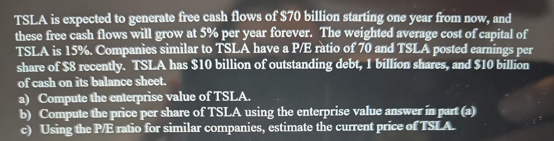 Tsla Is Expected To Generate Free Cash Flows Of 70 Billion Starting One Year From Now And These Free Cash Flows Will G 1