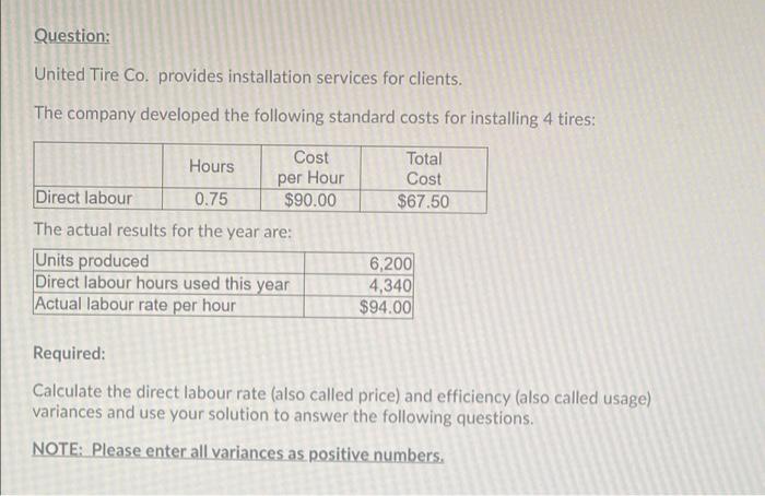 Question United Tire Co Provides Installation Services For Clients The Company Developed The Following Standard Costs 1