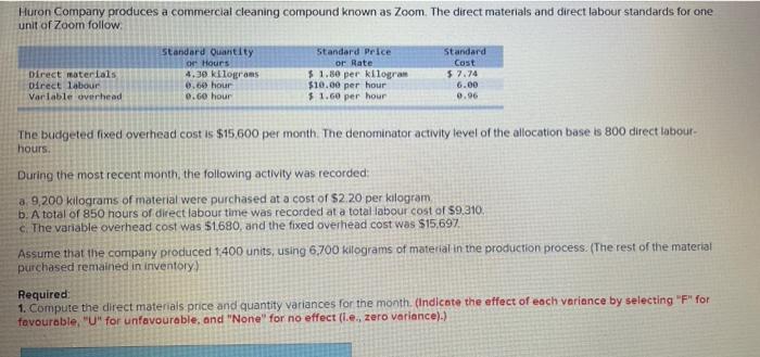 Huron Company Produces A Commercial Cleaning Compound Known As Zoom The Direct Materials And Direct Labour Standards Fo 1