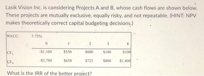 Lasik Vision Inc Is Considering Projects A And B Whose Cash Flows Are Shown Below These Projects Are Mutually Exclusi 1