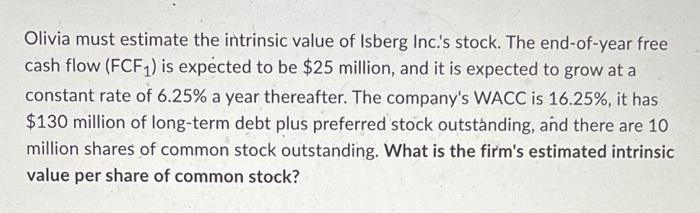 Olivia Must Estimate The Intrinsic Value Of Isberg Inc S Stock The End Of Year Free Cash Flow Fcf Is Expected To Be 1