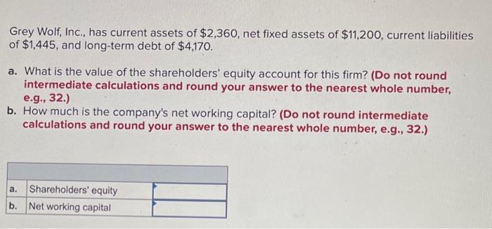 Grey Wolf Inc Has Current Assets Of 2 360 Net Fixed Assets Of 11 200 Current Liabilities Of 1 445 And Long Term 1