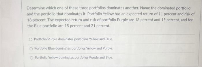Determine Which One Of These Three Portfolios Dominates Another Name The Dominated Portfolio And The Portfolio That Dom 2