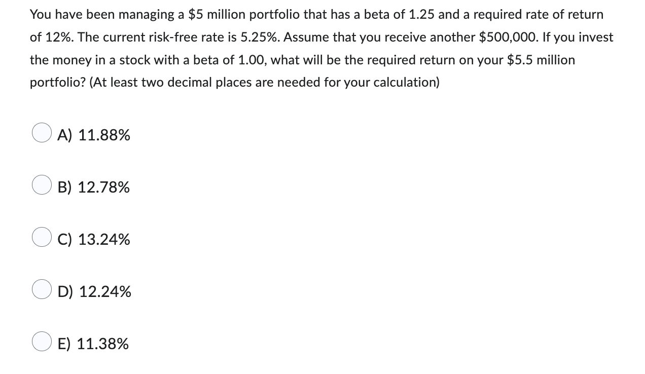 You Have Been Managing A 5 Million Portfolio That Has A Beta Of 1 25 And A Required Rate Of Return Of 12 The Current 1