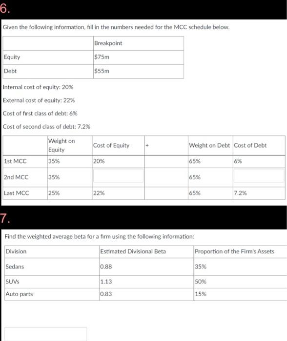 6 Given The Following Information Fill In The Numbers Needed For The Mcc Schedule Below Breakpoint 75m 55m Equity D 1