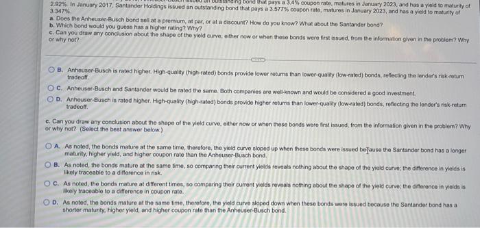 Risk Premiums In January 2016 Anheuser Busch Issued An Outstanding Bond That Pays A 3 4 Coupon Rate Matures In Januar 3