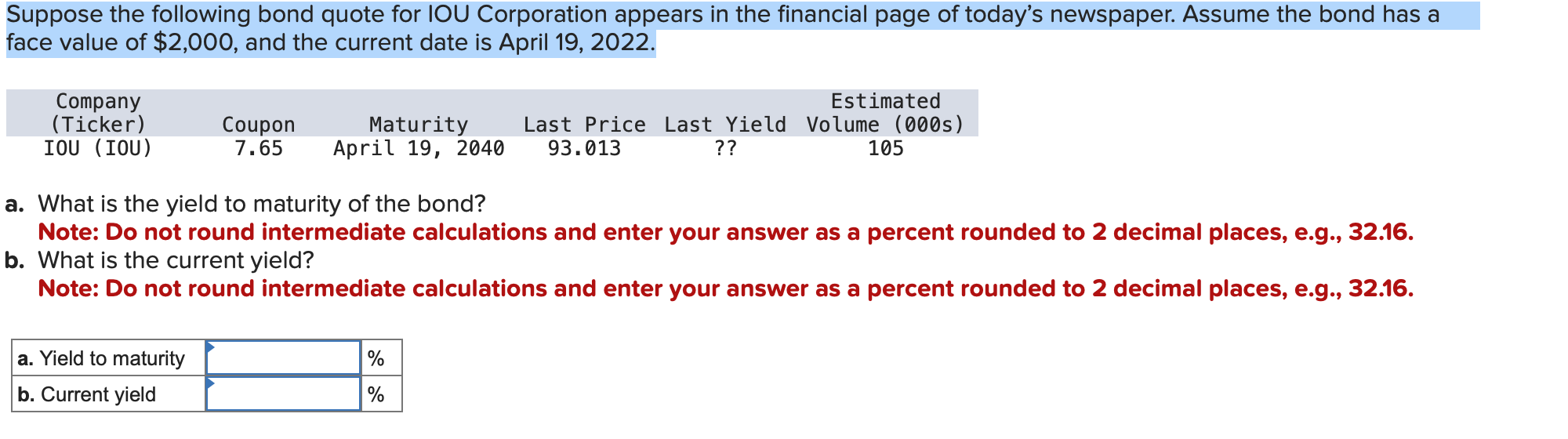 Suppose The Following Bond Quote For Iou Corporation Appears In The Financial Page Of Today S Newspaper Assume The Bond 1