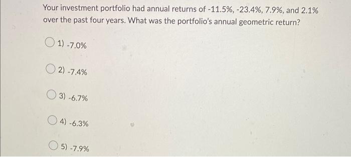 Your Investment Portfolio Had Annual Returns Of 11 5 23 4 7 9 And 2 1 Over The Past Four Years What Was The Po 1