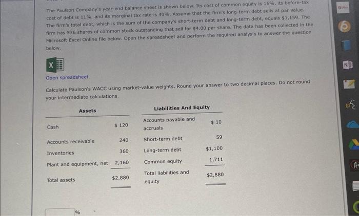 The Paulson Company S Year End Balance Sheet Is Shown Below Its Cost Of Common Equity Is 16 Its Before Tax Cost Of De 1