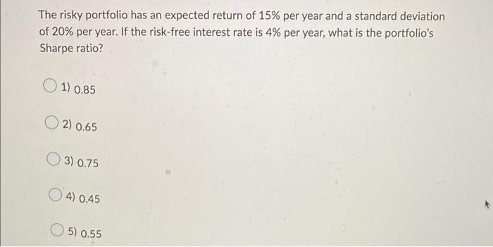 The Risky Portfolio Has An Expected Return Of 15 Per Year And A Standard Deviation Of 20 Per Year If The Risk Free In 1