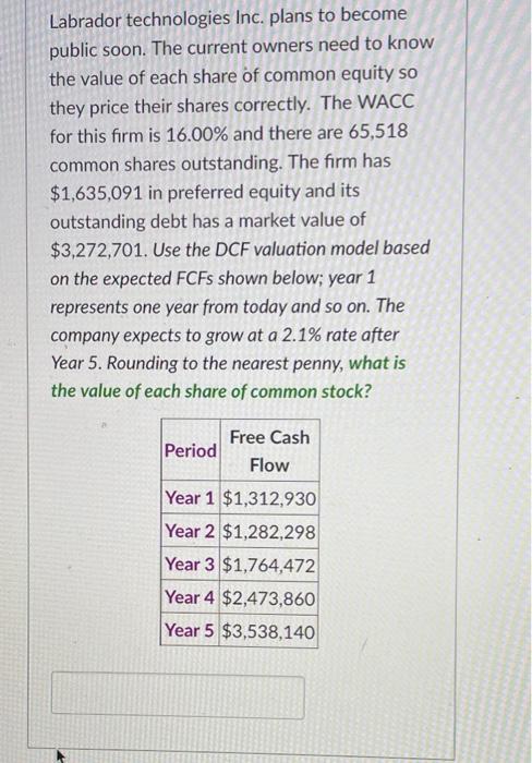 Labrador Technologies Inc Plans To Become Public Soon The Current Owners Need To Know The Value Of Each Share Of Commo 1