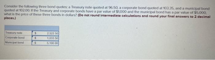 Consider The Following Three Bond Quotes A Treasury Note Quoted At 96 50 A Corporate Bond Quoted At 103 35 And A Muni 1