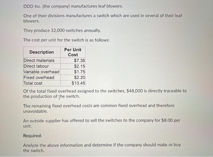 Ddd Inc The Company Manufactures Leaf Blowers One Of Their Divisions Manufactures A Switch Which Are Used In Several 1