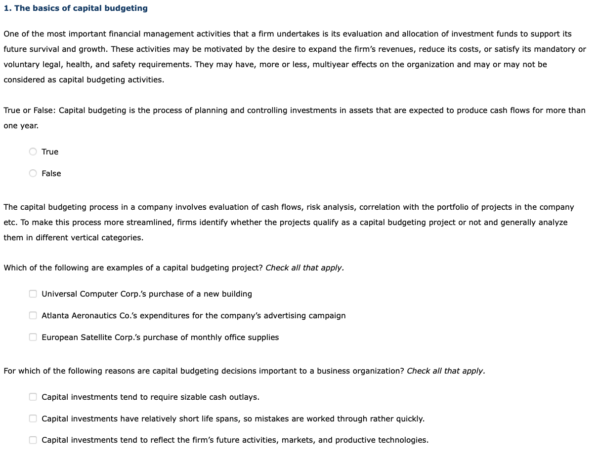 1 The Basics Of Capital Budgeting One Of The Most Important Financial Management Activities That A Firm Undertakes Is I 1