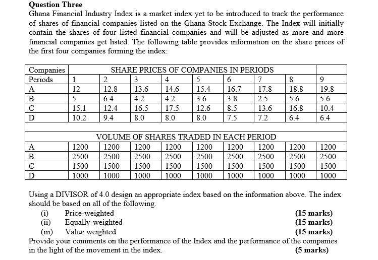 Question Three Ghana Financial Industry Index Is A Market Index Yet To Be Introduced To Track The Performance Of Shares 1