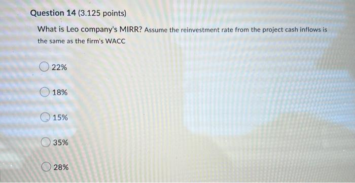 Question 14 3 125 Points What Is Leo Company S Mirr Assume The Reinvestment Rate From The Project Cash Inflows Is The 1