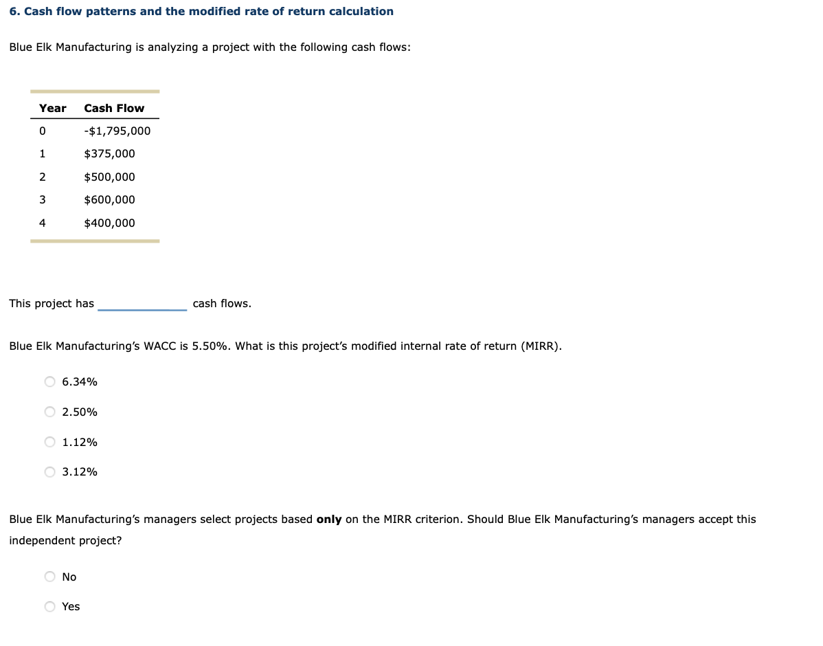 6 Cash Flow Patterns And The Modified Rate Of Return Calculation Blue Elk Manufacturing Is Analyzing A Project With The 1