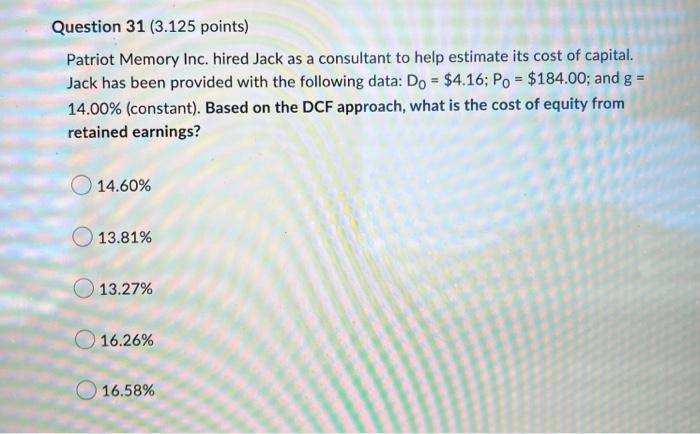 Question 31 3 125 Points Patriot Memory Inc Hired Jack As A Consultant To Help Estimate Its Cost Of Capital Jack Has 1