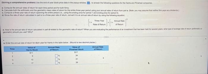 Solving A Comprehensive Problem Use The End Of Year Stock Price Data In The Popup Window To Answer The Folowing Questi 1