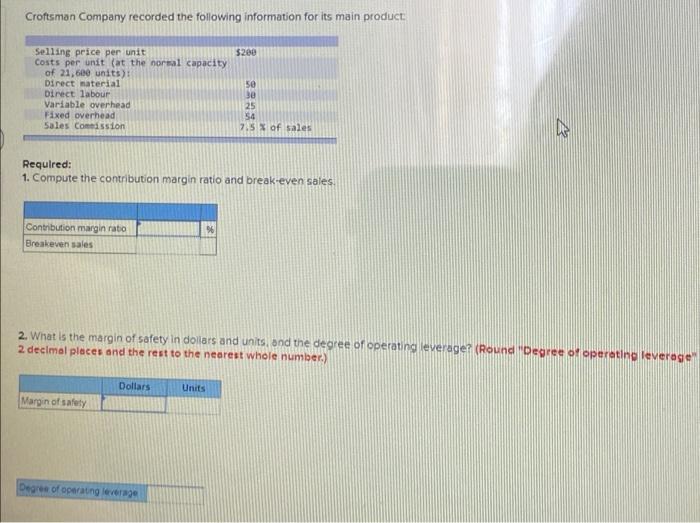 Croftsman Company Recorded The Following Information For Its Main Product 200 Selling Price Per Unit Costs Per Unit At 1