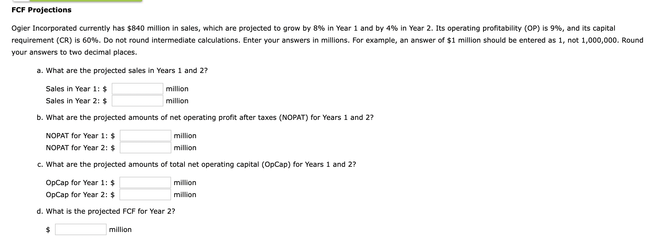 Fcf Projections Ogier Incorporated Currently Has 840 Million In Sales Which Are Projected To Grow By 8 In Year 1 And 1