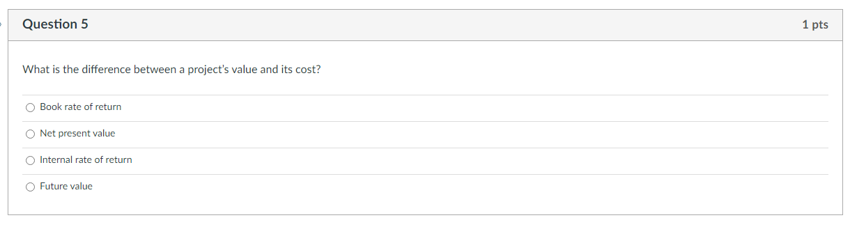 Question 5 What Is The Difference Between A Project S Value And Its Cost O Book Rate Of Return O Net Present Value O In 1