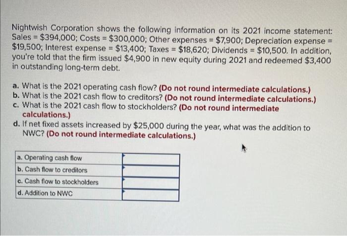 Nightwish Corporation Shows The Following Information On Its 2021 Income Statement Sales 394 000 Costs 300 000 1