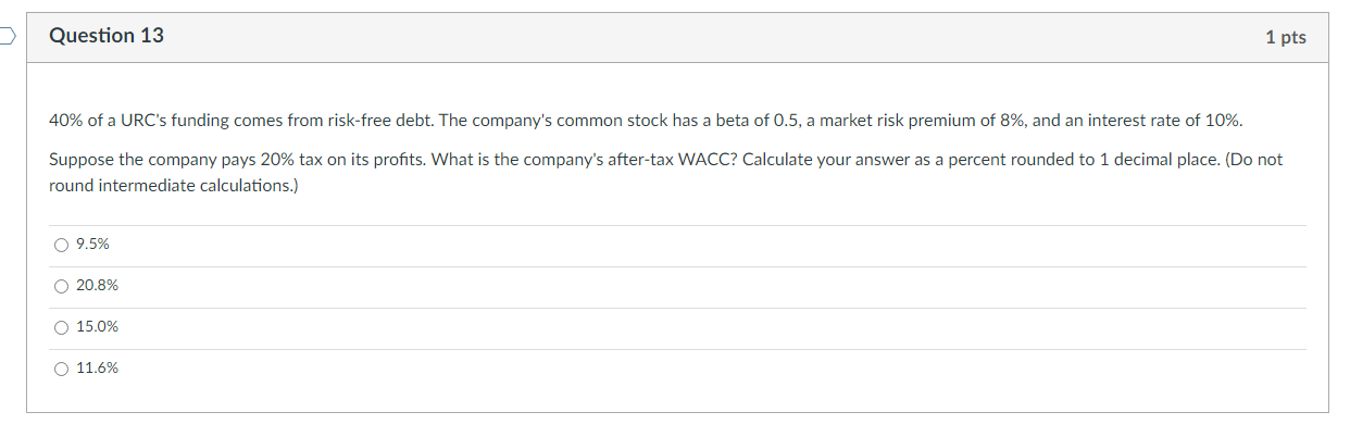 Question 13 40 Of A Urc S Funding Comes From Risk Free Debt The Company S Common Stock Has A Beta Of 0 5 A Market Ris 1