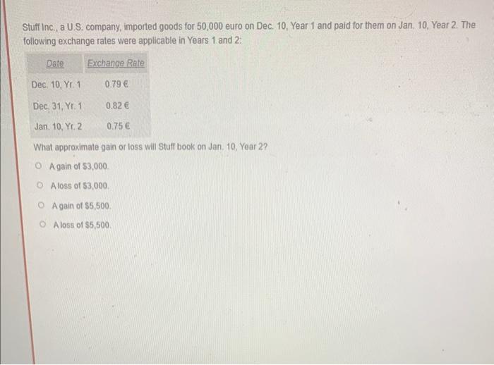 Stuff Inc A U S Company Imported Goods For 50 000 Euro On Dec 10 Year 1 And Paid For Them On Jan 10 Year 2 The 1