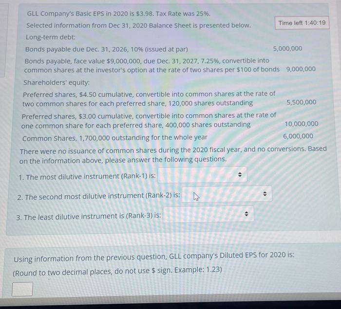 Gll Company S Basic Eps In 2020 Is 3 98 Tax Rate Was 25 Selected Information From Dec 31 2020 Balance Sheet Is Pres 1
