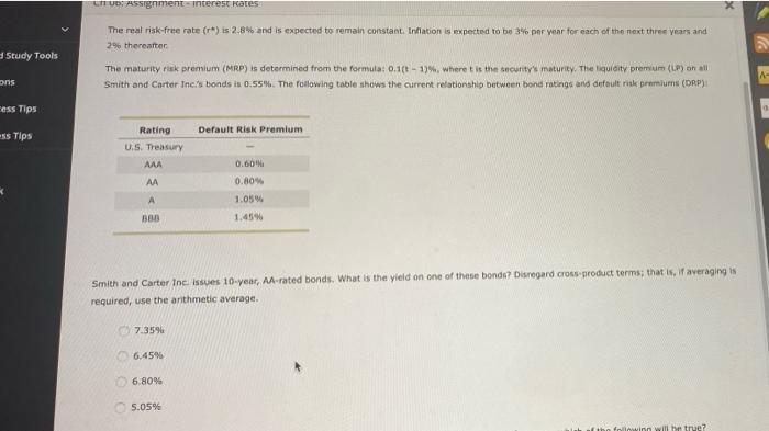 Study Tools Ons Cess Tips Ss Tips X Ch 06 Assignment Interest Rates The Real Risk Free Rate R Is 2 8 And Is Expe 1
