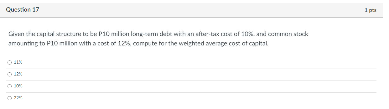 Question 17 Given The Capital Structure To Be P10 Million Long Term Debt With An After Tax Cost Of 10 And Common Stock 1