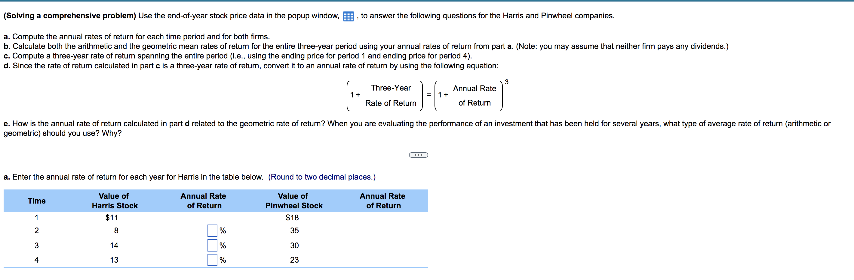Solving A Comprehensive Problem Use The End Of Year Stock Price Data In The Popup Window A Compute The Annual Rates 1