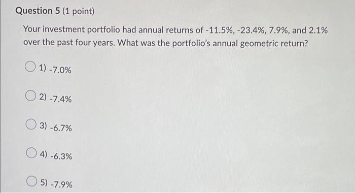 Question 5 1 Point Your Investment Portfolio Had Annual Returns Of 11 5 23 4 7 9 And 2 1 Over The Past Four 1
