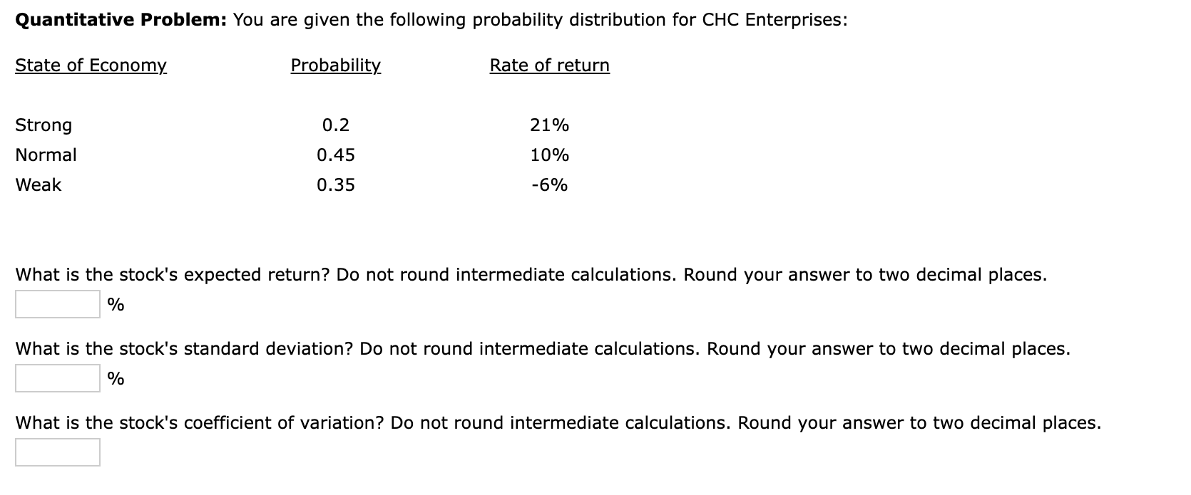 Quantitative Problem You Are Given The Following Probability Distribution For Chc Enterprises State Of Economy Probab 1