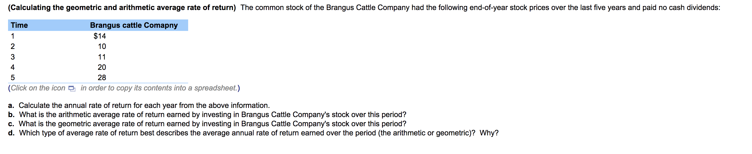 Calculating The Geometric And Arithmetic Average Rate Of Return The Common Stock Of The Brangus Cattle Company Had The 1