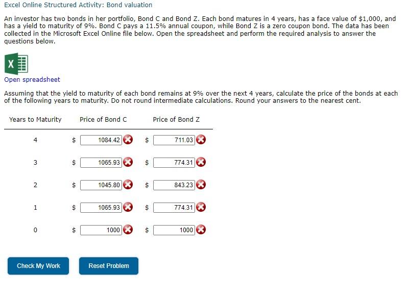 Excel Online Structured Activity Bond Valuation An Investor Has Two Bonds In Her Portfolio Bond C And Bond Z Each Bon 1