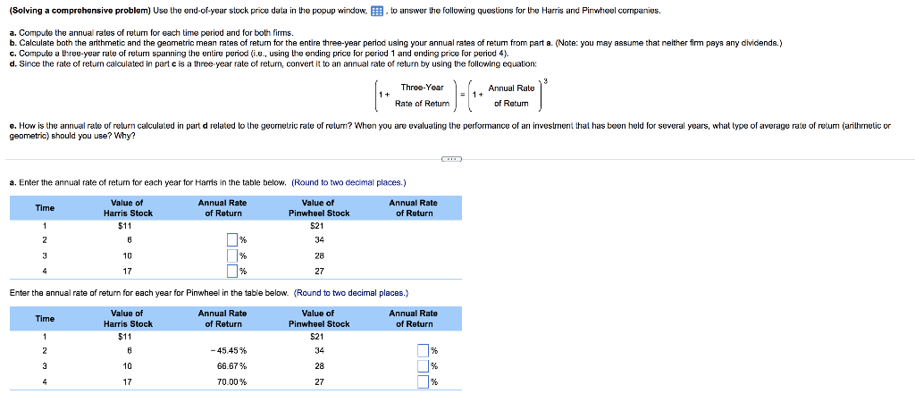 Solving A Comprehensive Problem Use The End Of Year Stock Price Data In The Popup Window To Answer The Following Ques 1