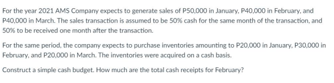 For The Year 2021 Ams Company Expects To Generate Sales Of P50 000 In January P40 000 In February And P40 000 In March 1