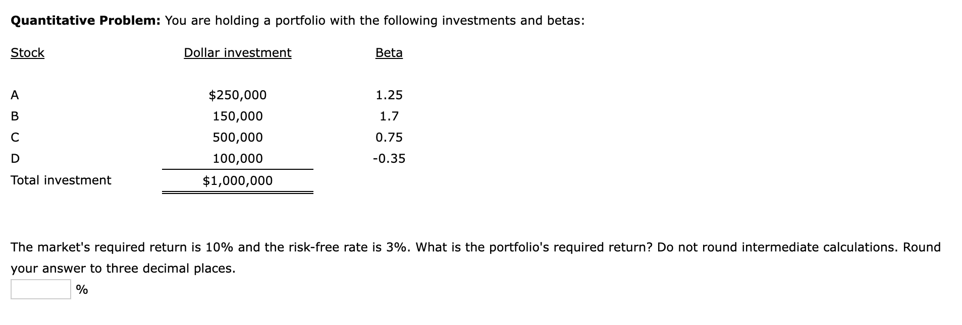 Quantitative Problem You Are Holding A Portfolio With The Following Investments And Betas Stock A B C D Total Investme 1