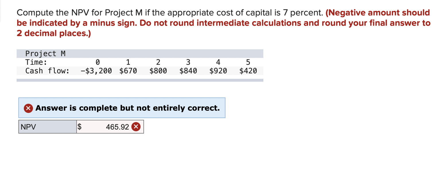 Compute The Npv For Project M If The Appropriate Cost Of Capital Is 7 Percent Negative Amount Should Be Indicated By A 1