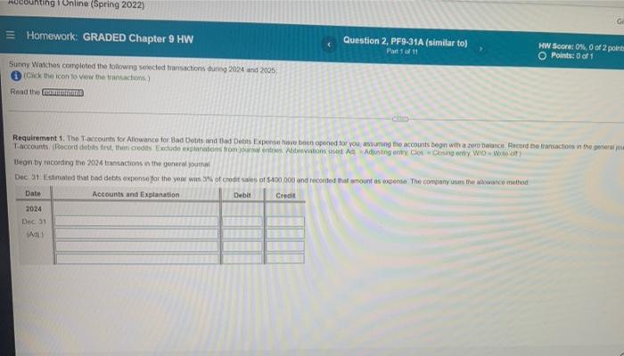 W Question 2 Pf9 31a Similar To Part 1 Of 11 Hw Score 0 0 Of 2 Points O Points 0 Of 1 Sactions During 2024 And 20 3