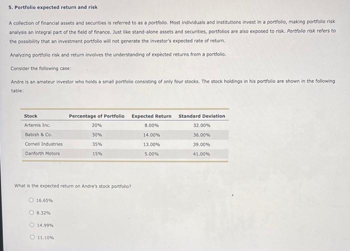 5 Portfolio Expected Return And Risk A Collection Of Financial Assets And Securities Is Referred To As A Portfolio Mos 1