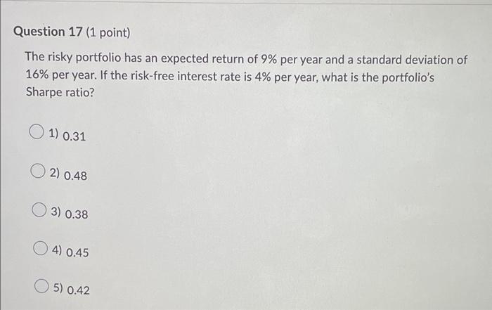Question 17 1 Point The Risky Portfolio Has An Expected Return Of 9 Per Year And A Standard Deviation Of 16 Per Year 1